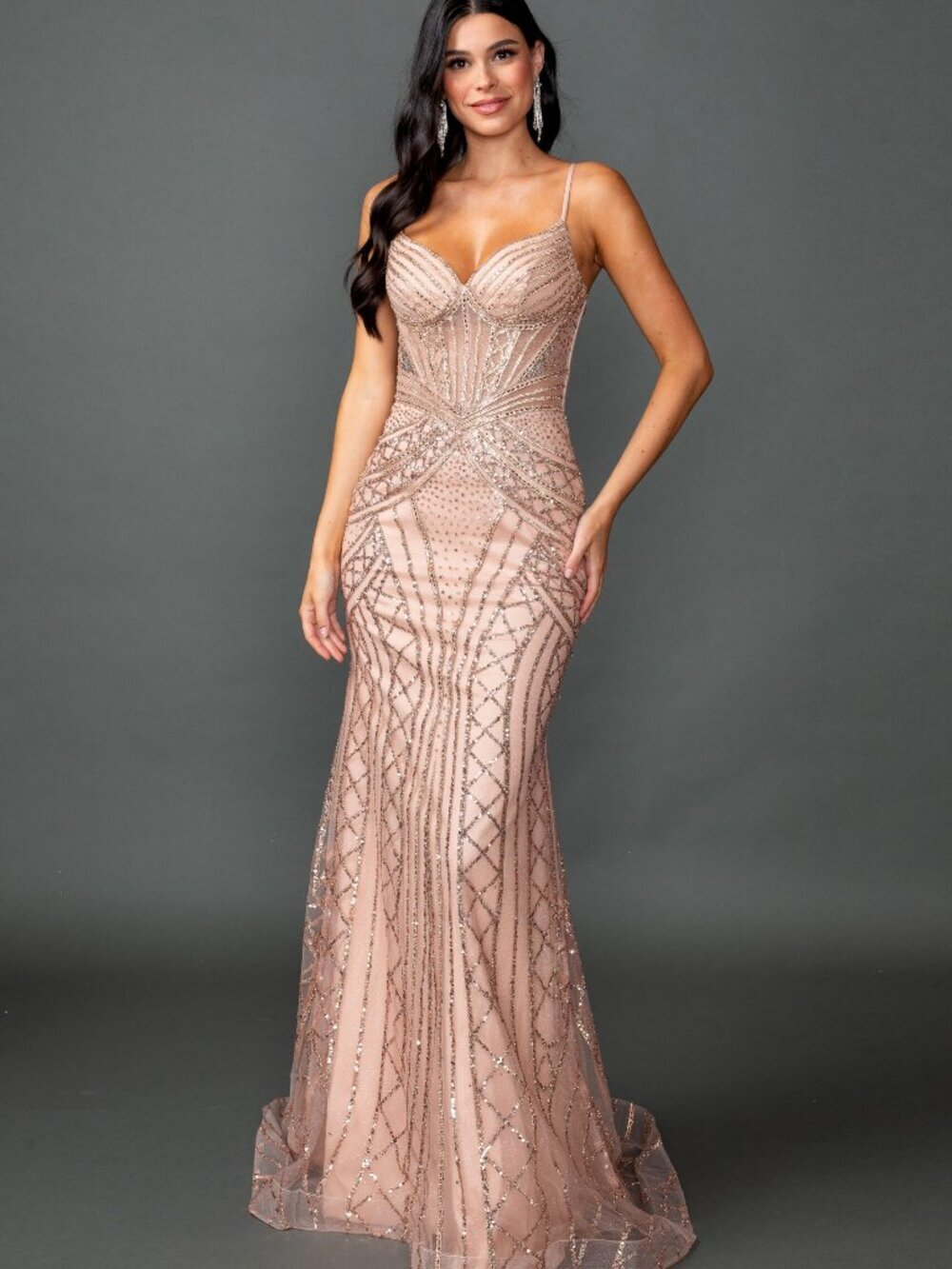 NEW ROSE-GOLD Evening Gown Floor Length Formal Elegant Stunning 4584